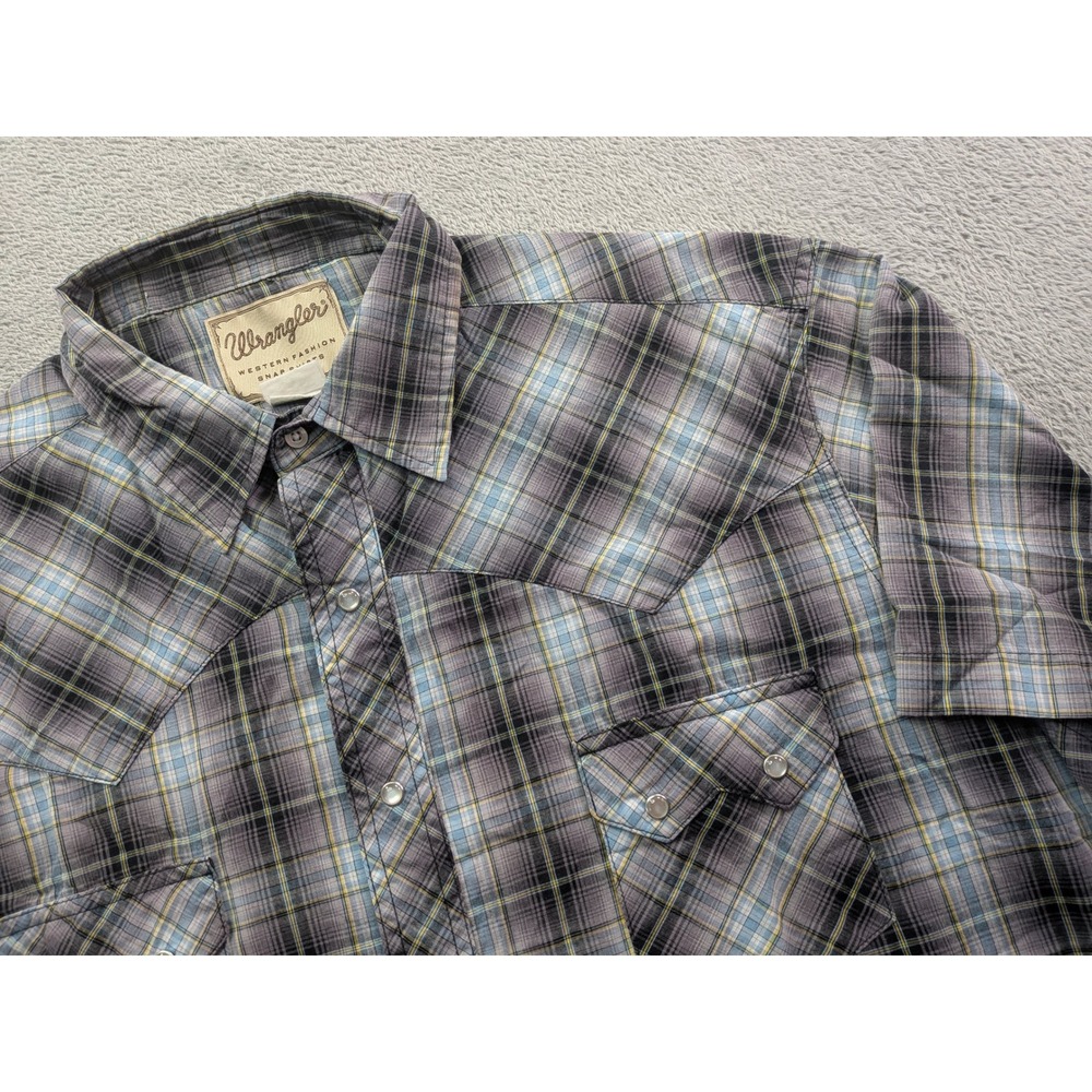 Wrangler Western Fashion Snap Shirt Mens XL Grey Blue Plaid Short Sleeve WM931BK